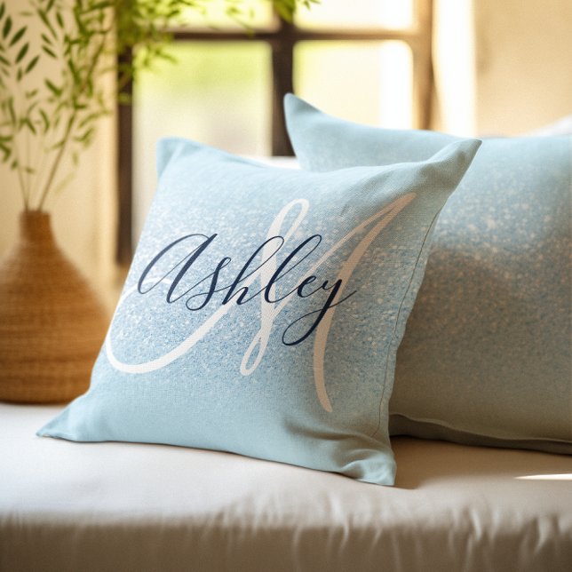 Pastel Blue Edge Ombre Glitter Monogram Cushion (Pastel Blue Edge Ombre Glitter Monogram Throw Pillow)