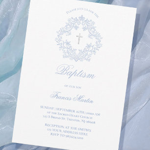 pastel blue elegant crest baby boy Baptism Invitation