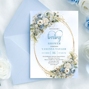 Pastel Blue Eucalyptus Floral Gold Baby Shower   Invitation