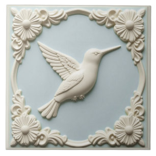 Pastel blue faux relief Art Nouveau Hummingbird  Tile