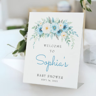 Pastel Blue Floral Baby Shower Welcome Pedestal Sign