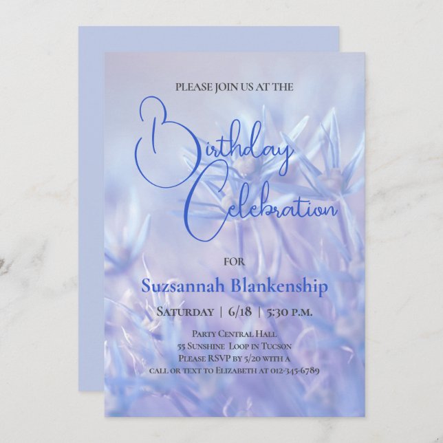 Pastel Blue Floral Background Birthday Party Invitation (Front/Back)