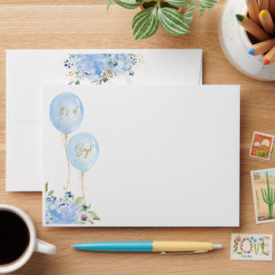 Pastel Blue Floral Balloons Boy Returned Address Envelope