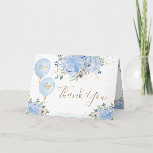 Pastel Blue Floral Balloons Gold Boy Baby Shower Thank You Card (Front)
