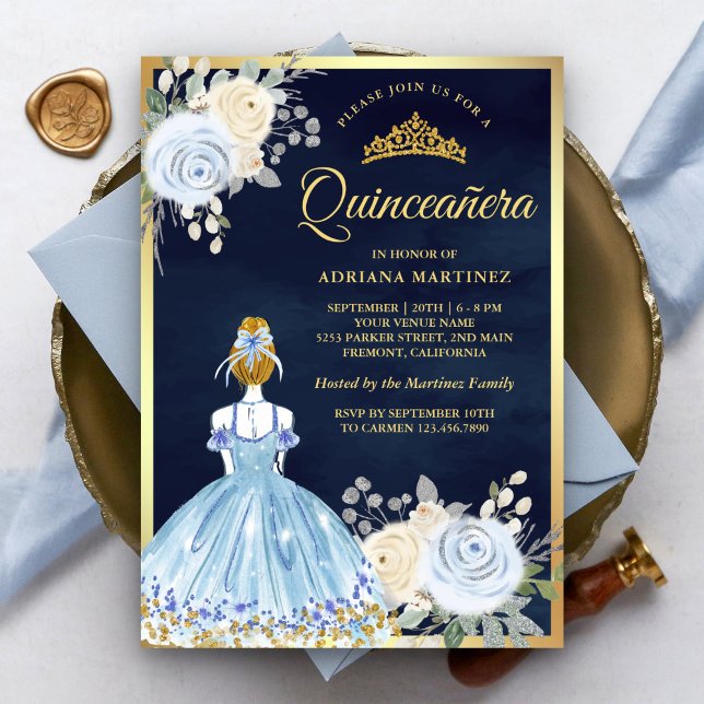 Pastel Blue Floral Dress Navy Gold Quinceanera Invitation (Creator Uploaded)
