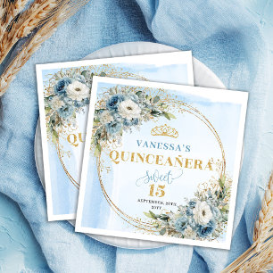 Pastel Blue Floral Eucalyptus Gold 15th Birthday  Napkin