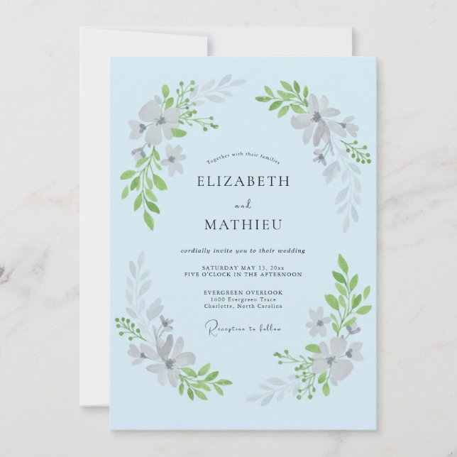 Pastel Blue Floral Flourish Wedding Invitation (Front)