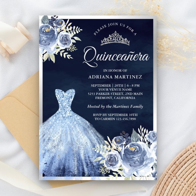 Pastel Blue Floral Gown Navy Silver Quinceanera Invitation (Creator Uploaded)