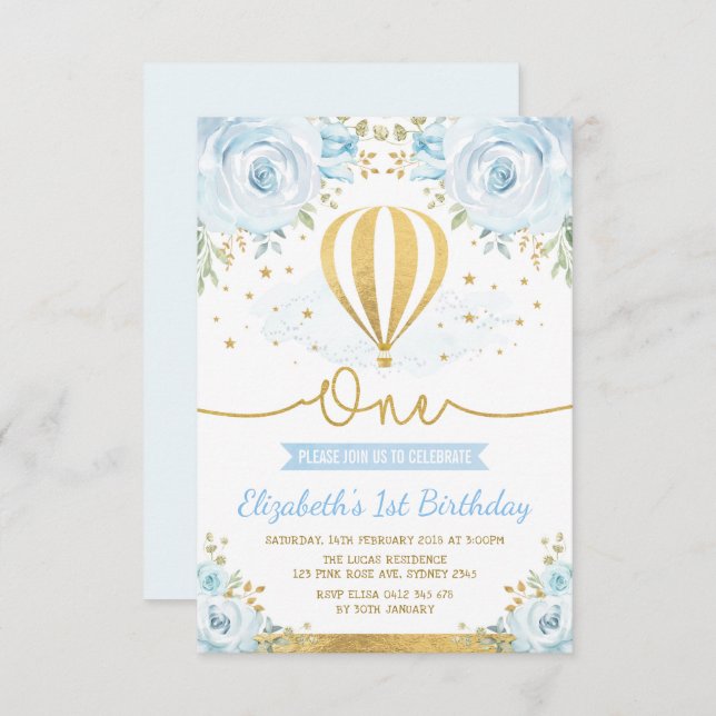 Pastel Blue Floral Hot Air Balloon 1st Birthday Invitation (Front/Back)