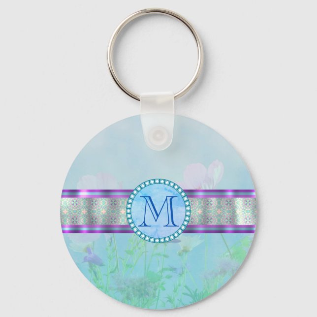 Pastel Blue Floral Monogram Key Ring (Front)
