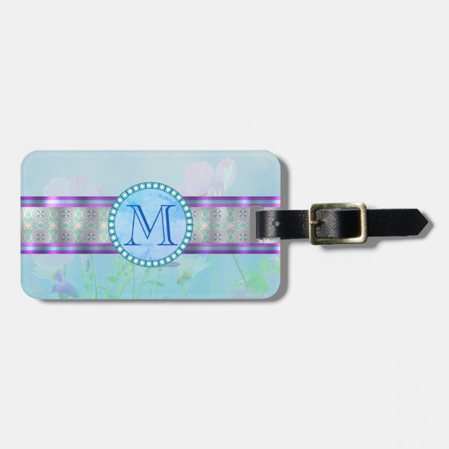 Pastel Blue Floral Monogram Luggage Tag (Front Horizontal)