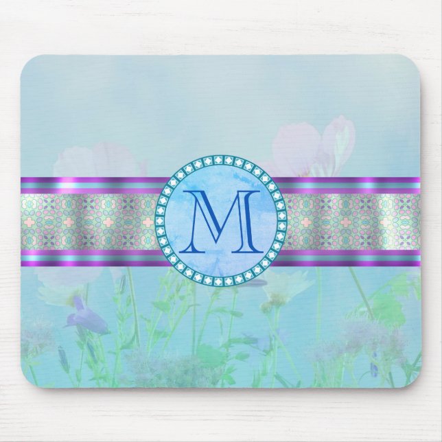 Pastel Blue Floral Monogram Mouse Pad (Front)