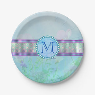 Pastel Blue Floral Monogram Paper Plate