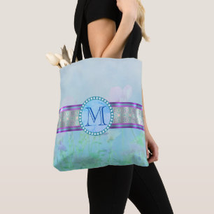 Pastel Blue Floral Monogram Tote Bag