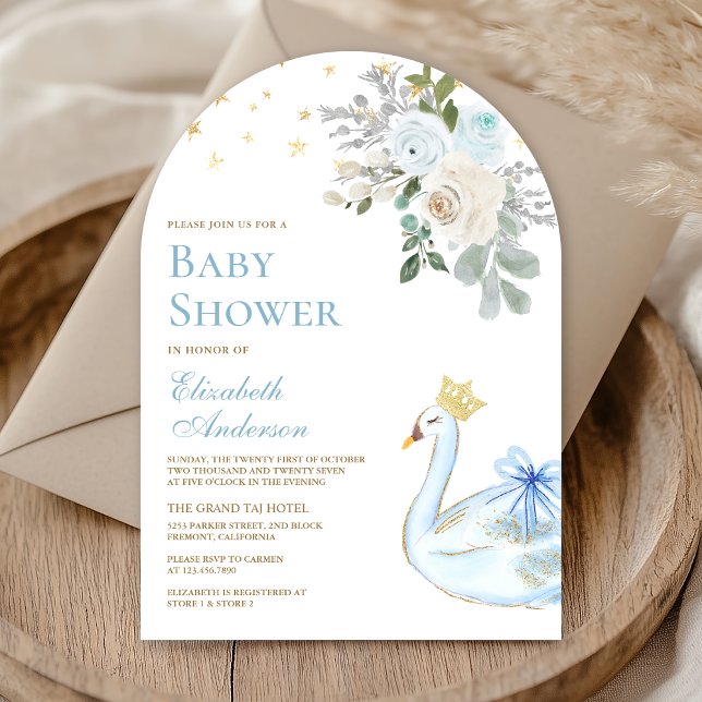 Pastel Blue Floral Swan Princess Arch Baby Shower Invitation (Creator Uploaded)