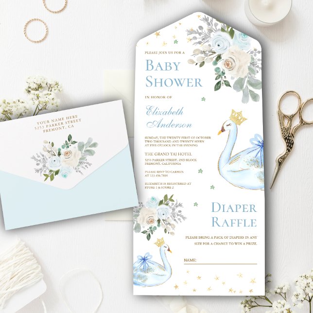 Pastel Blue Floral Swan Princess Baby Shower All In One Invitation (Creator Uploaded)