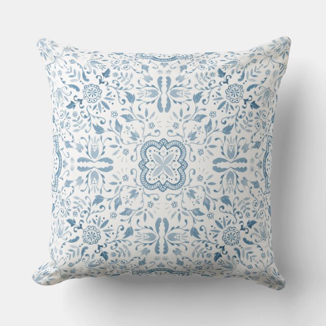 Pastel Blue Floral Swirls Pattern Cushion (Front)