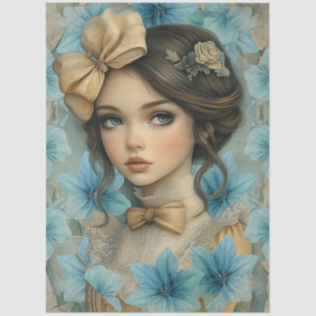 Pastel Blue Florals & Girl with Flower in Her Hair Tissue Paper (Front)