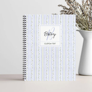 Pastel Blue Flowers and Stripes Coquette Monogram Notebook