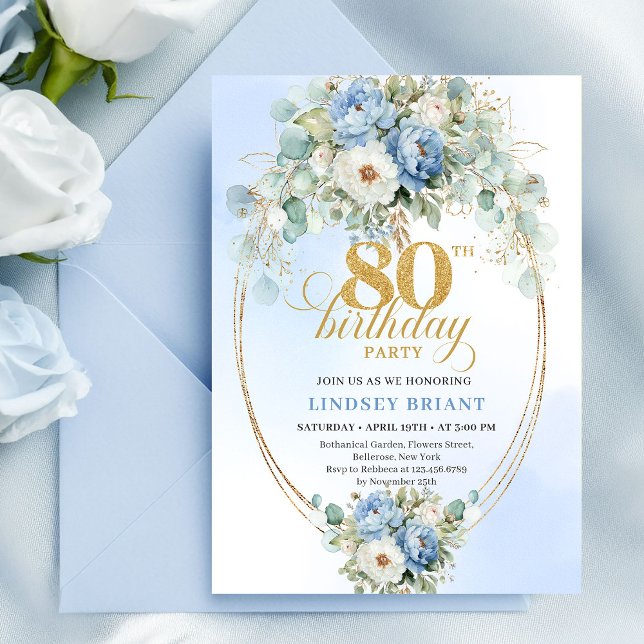 Pastel Blue Flowers Eucalyptus Bohemian 80th Invitation (Pastel Blue Flowers Eucalyptus Bohemian 80th)