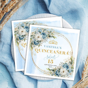 Pastel Blue Flowers Gold 15th Birthday Napkins