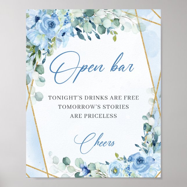 pastel blue flowers gold frame eucalyptus open bar poster (Front)
