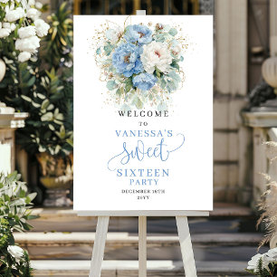 Pastel Blue Flowers Gold Sweet Sixteen Welcome Poster