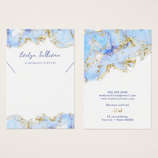 Pastel blue fluid marble necklace display card (Front & Back)