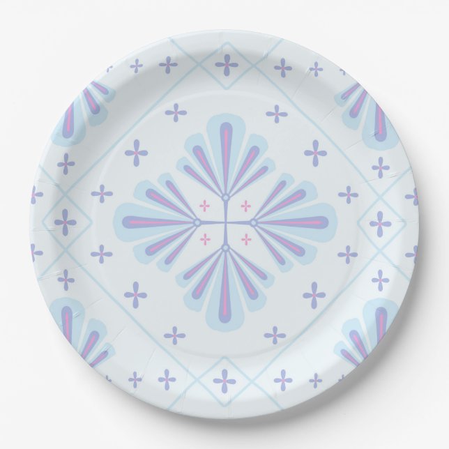 Pastel Blue Geometric Floral Pattern Paper Plate (Front)