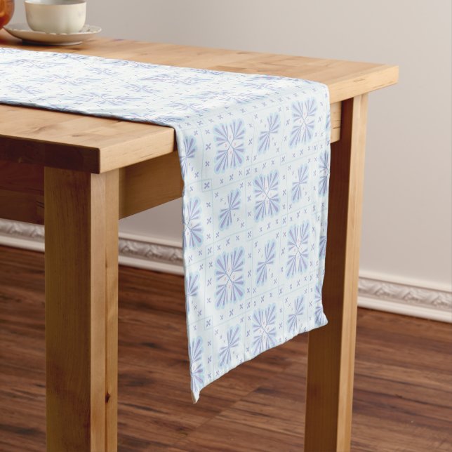 Pastel Blue Geometric Floral Pattern Short Table Runner (In Situ)
