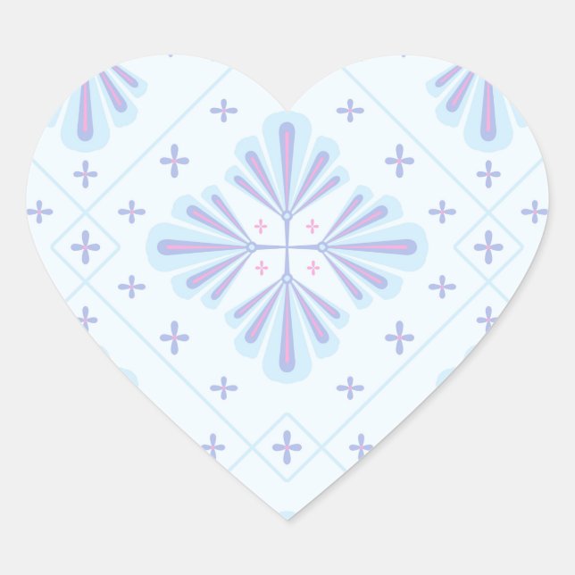 Pastel Blue Geometric Floral Repeat Pattern  Heart Sticker (Front)