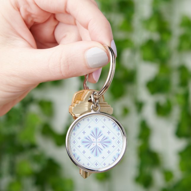 Pastel Blue Geometric Floral Repeat Pattern  Key Ring (Hand)