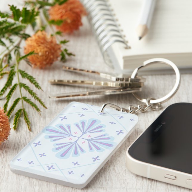 Pastel Blue Geometric Floral Repeat Pattern  Key Ring (Front Right)