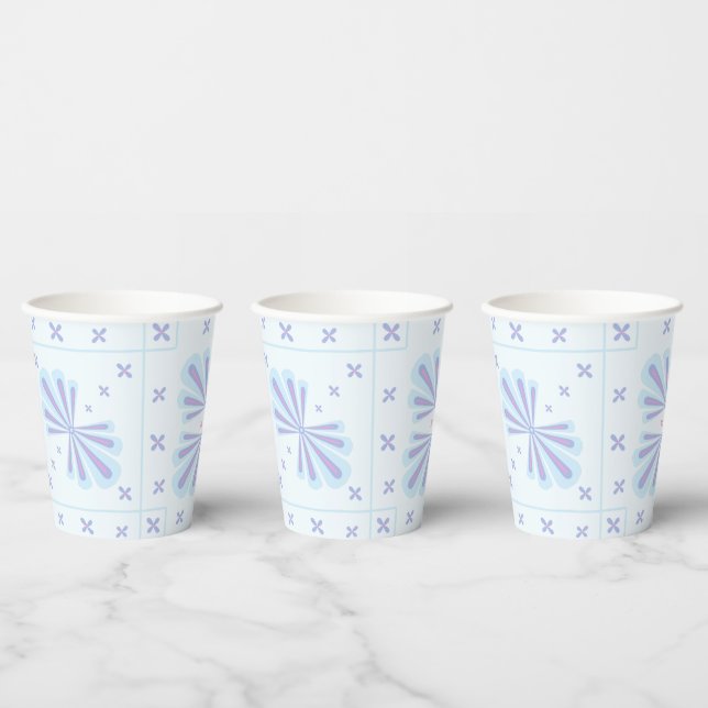 Pastel Blue Geometric Floral Repeat Pattern  Paper Cups (Multi)