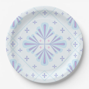 Pastel Blue Geometric Floral Repeat Pattern Paper Plate