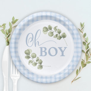 Pastel Blue Gingham Baby Boy Baby Shower Paper Plate