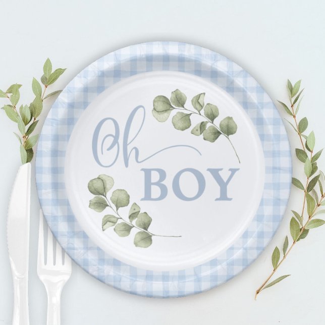Pastel Blue Gingham Baby Boy Baby Shower Paper Plate (Creator Uploaded)