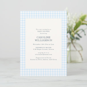 Pastel Blue Gingham Check Plaid Cute Baby Shower Invitation