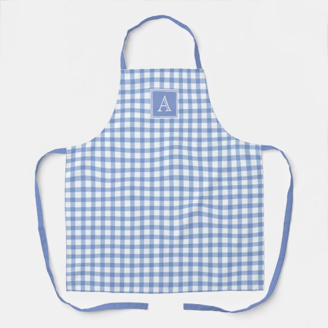Pastel Blue Gingham Plaid Chequered Modern Monogra Apron (Front)
