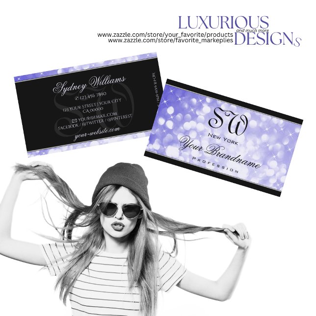 Pastel Blue Glitter Sparkle Stars Monogram Black Business Card (Creator Uploaded)