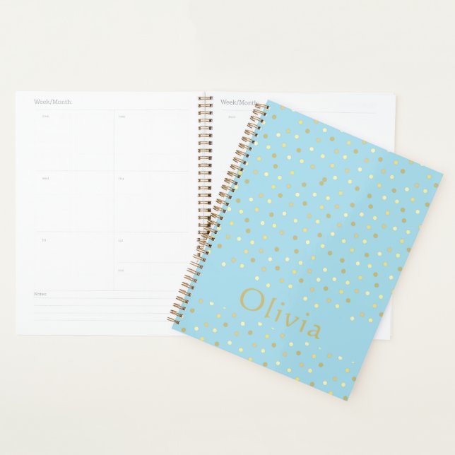 Pastel Blue Gold Confetti Dots Personalised  Planner (Display)