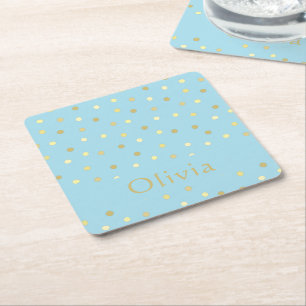 Pastel Blue Gold Confetti Dots Personalised  Square Paper Coaster