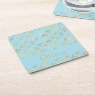 Pastel Blue Gold Fleur De Lis Personalised Square Paper Coaster