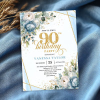 Pastel blue gold frame stylish floral 90 birthday