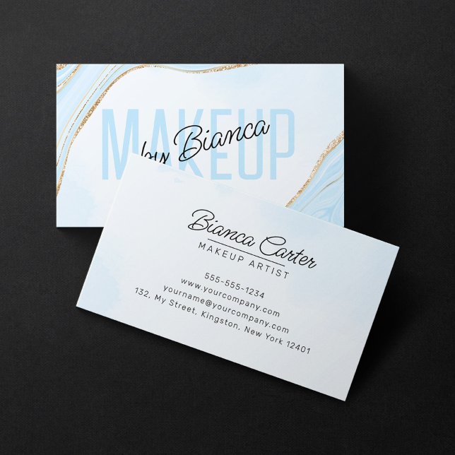 Pastel Blue Gold Glitter Agate Makeup Artist Salon Business Card (Creator Uploaded)