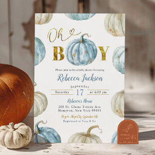 Pastel Blue Gold Oh Boy Pumpkin Baby Shower Invitation