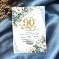 Pastel blue gold shimmer floral 90th birthday