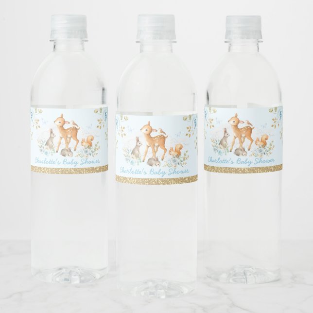Pastel Blue Gold Woodland Floral Baby Shower Water Bottle Label (Bottles)