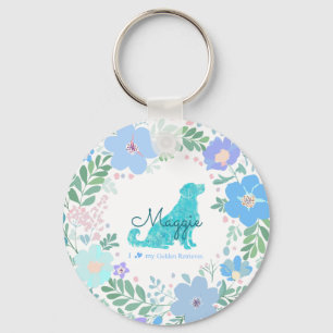 Pastel Blue Golden Retriever Floral Photo & Name Key Ring