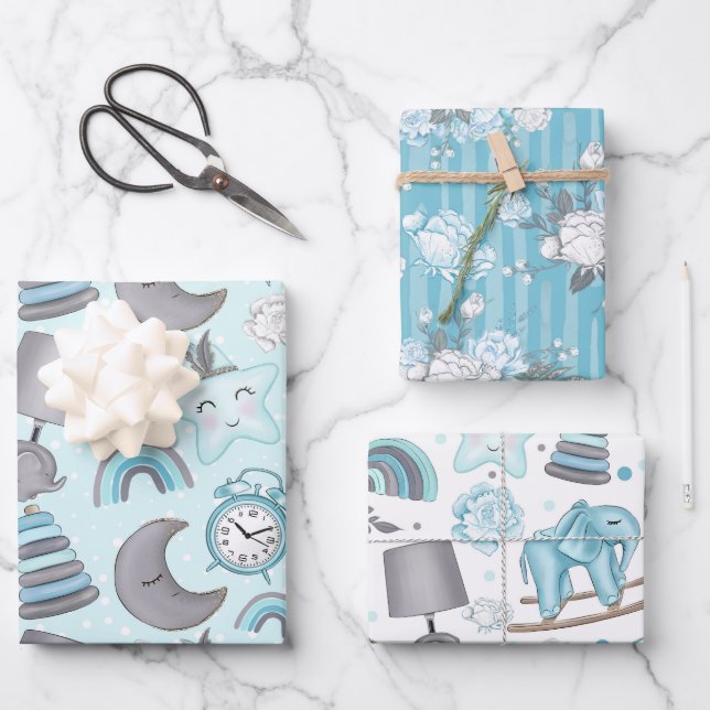 PASTEL BLUE & GRAY BABY ITEMS FLOWERS TOYS WRAPPING PAPER SHEET (Front)